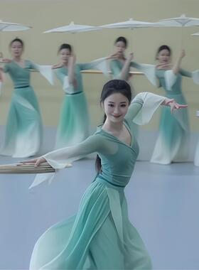 雨涧春行图舞蹈服装女飘逸绿纱衣练功服古风莲鼓越歌行演出服渐层