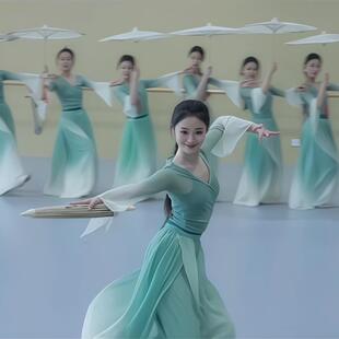 雨涧春行图舞蹈服装女飘逸绿纱衣练功服古风莲鼓越歌行演出服渐层