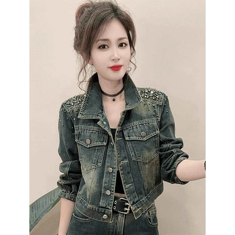 钉珠烫钻牛仔短裤外套女春秋欧货新款高级感设计感修身牛仔上衣
