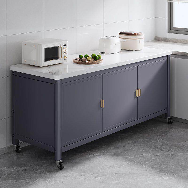 对开门岩板厨房置物架落地多层收纳柜多功能微波炉烤箱切菜餐边柜
