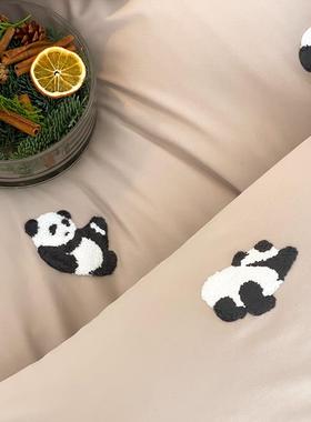 P磨AN上DA熊猫100支纱织毛纯棉四件套精致卡巾通毛ZIP绣质感床用