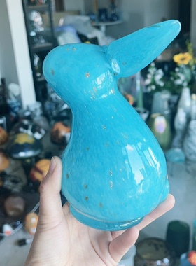 蓝色兔子摆件外贸出口手工玻璃洒金萌兔