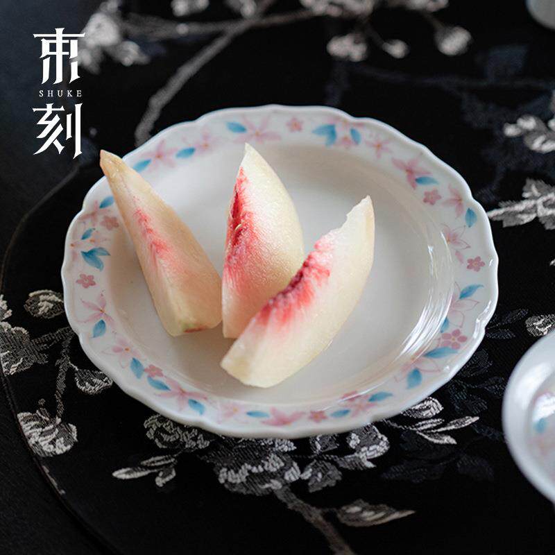 束刻 白瓷凌霄花陶瓷花边壶承高颜值干泡茶承盘精致点心盘水果盘