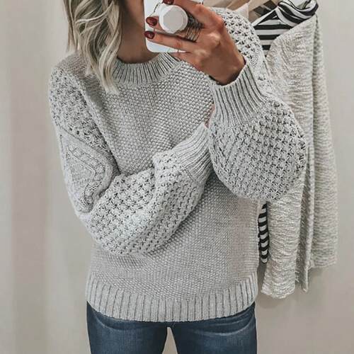 Women's Orange-Toned Red Hollow-Out Lantern Sleeve Knitwear,