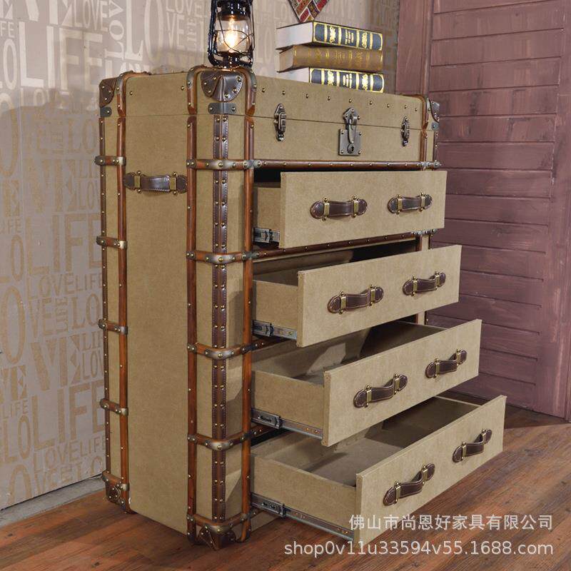 复古美式乡村LOFT工业风四抽柜子做旧帆布藤条设计师创意斗柜边几
