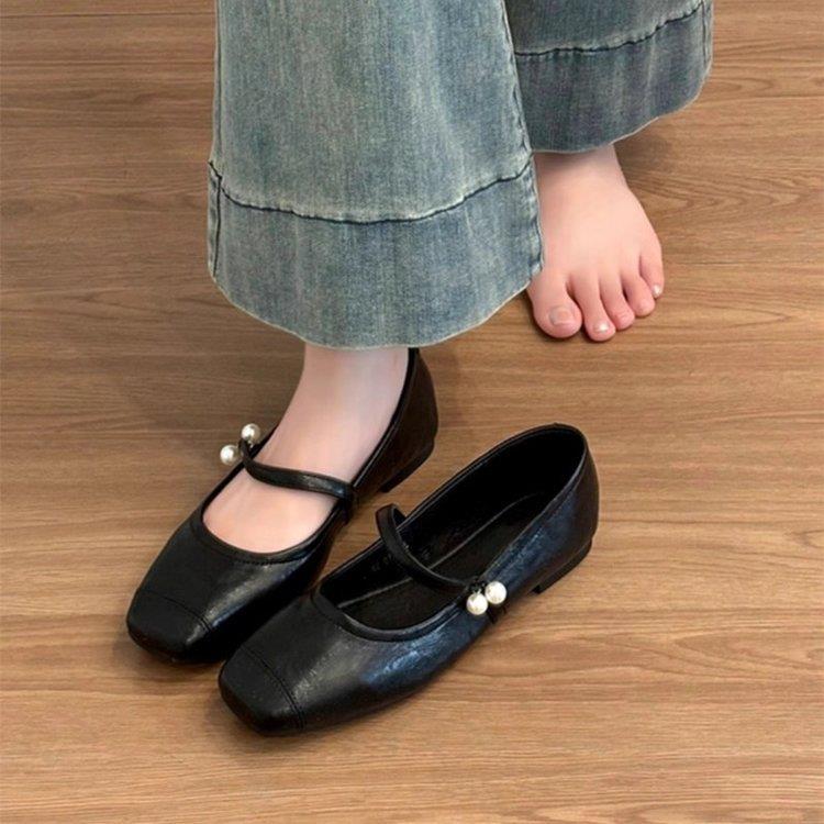2025夏季复古玛丽珍鞋女英伦小皮鞋珍珠方头一字扣平底法式单鞋女