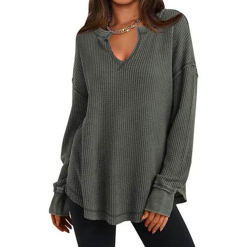Women'S Waffle Texture Knitwear Long Sleeve Top Side Split