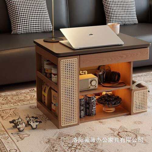 实木家具可移动边几巴士升降茶几家用客厅沙发边柜子中古风小推车