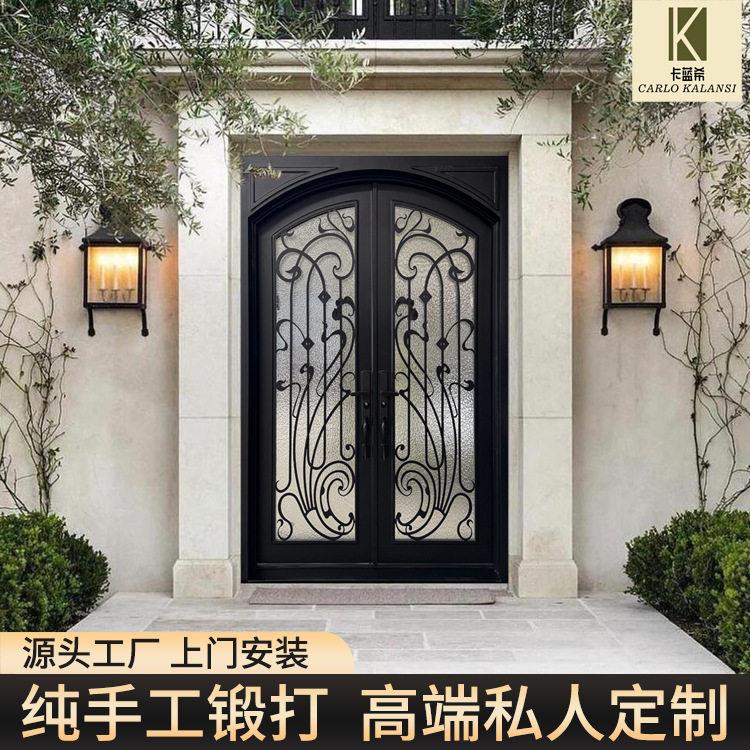铁艺门纯手工锻打推拉门别墅玻璃门源头工厂定制开门入户门图片