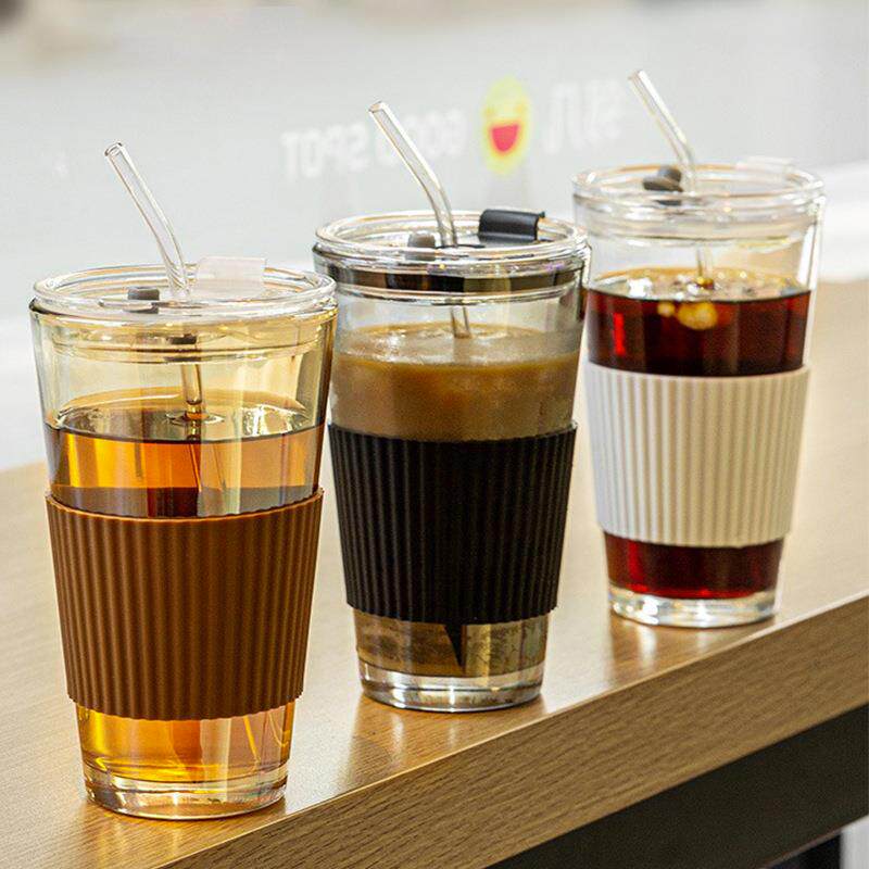 咖啡杯玻璃杯带盖杯便携吸管杯办公室家用高颜值牛奶杯水杯随行杯
