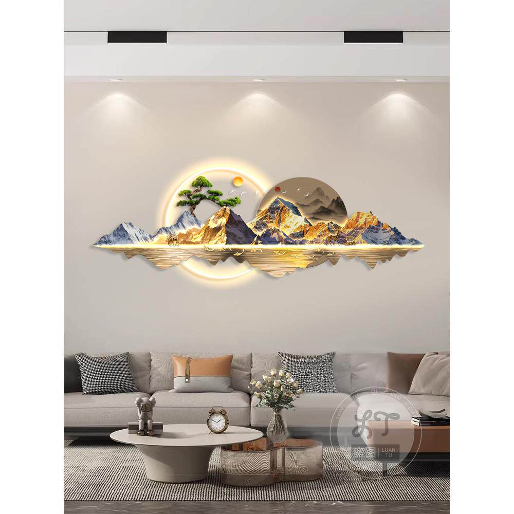 轻奢led带灯迎客松客厅装饰画沙发背景墙挂画简约现代高级感灯画