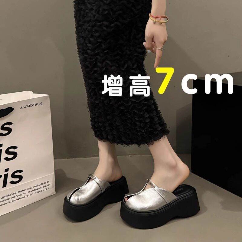 英国真皮厚底鱼嘴包头半拖鞋女夏外穿2026新款爆款银色一脚蹬凉拖