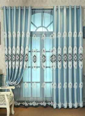 欧现奢品华简式LOC客厅货卧室男孩房蓝色绣花打孔成窗帘布帘