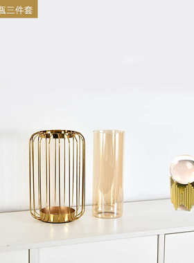客厅摆件高端大气花瓶创意铁艺玻璃欧式样板房家居装饰插干花器工