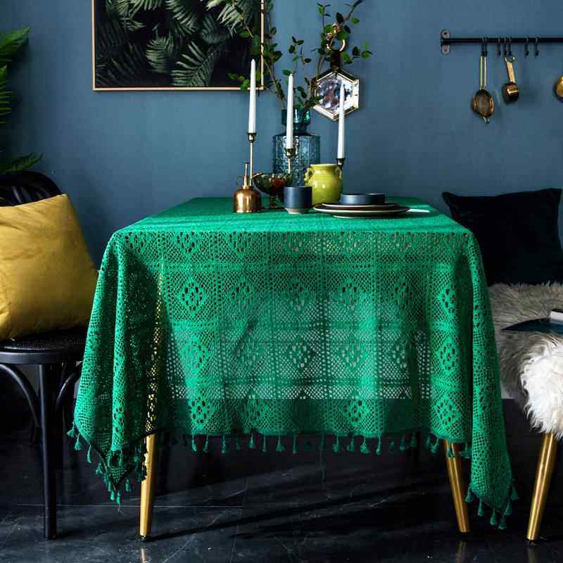 高档网红家用系森空方格钩针带流苏餐桌镂布客茶几台布简厅约百搭