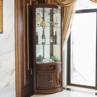 现代中式角柜墙角柜客厅酒柜实木转角柜靠墙餐厅储物柜玻璃门弧形