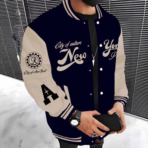 Men's Baseball Jacket Colorblock Letter Print Long Sleeve