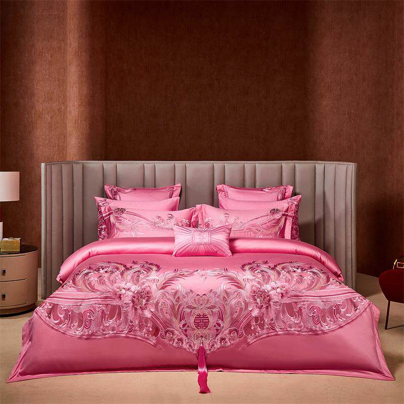 新款100支全棉贡缎提花粉色婚庆四件套六件套新婚床上用品