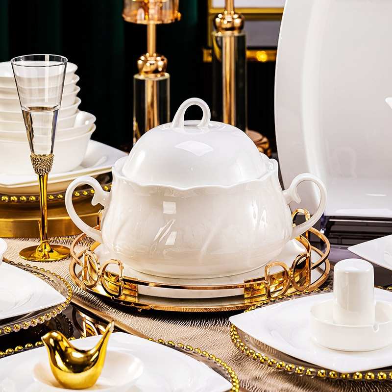 纯白骨瓷餐具套装中式家用景德镇陶瓷碗盘简约釉下彩碗碟盘筷组合