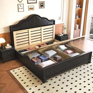 美式 古风黑色实木床主卧1.5米双人床现代简约复古1.8米储物床婚床