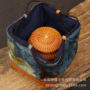 复古手工竹编缎面印花茶事包茶具收纳壶笼旅行外出便携茶杯袋零配
