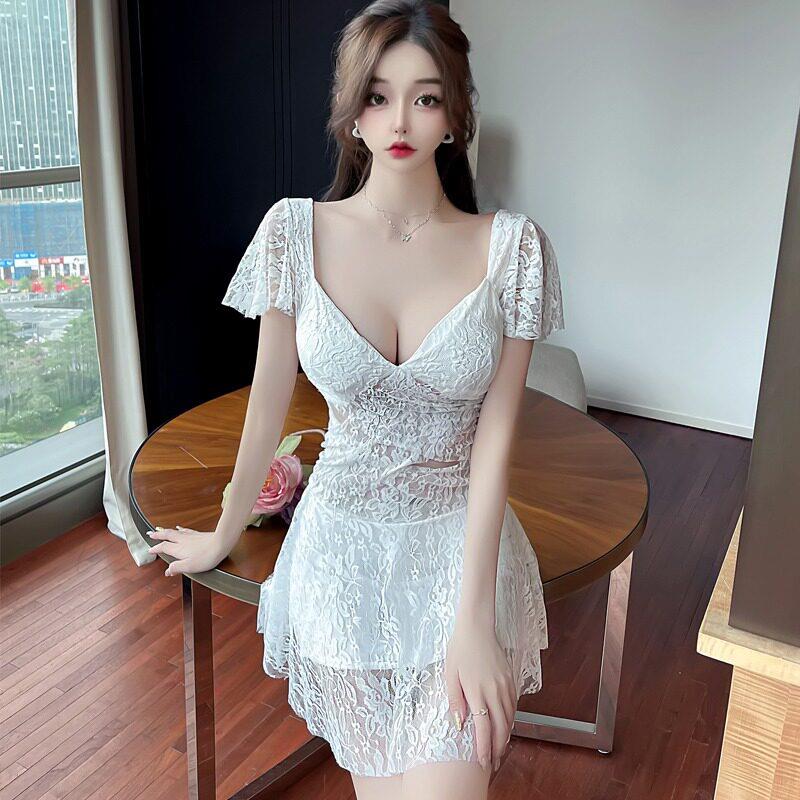 足浴养生会所夜场上班衣服短裙性感露背深领蕾丝连衣裙夏季新款