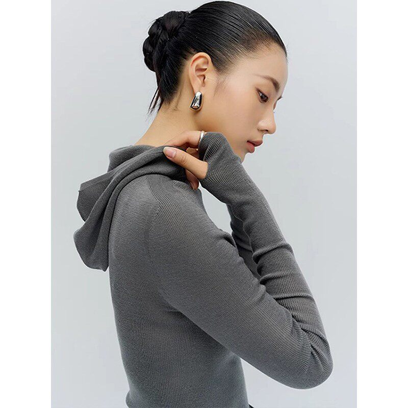 法式覆古灰色连帽针织卫衣女2025春秋新款设计感弹力修身打底上衣
