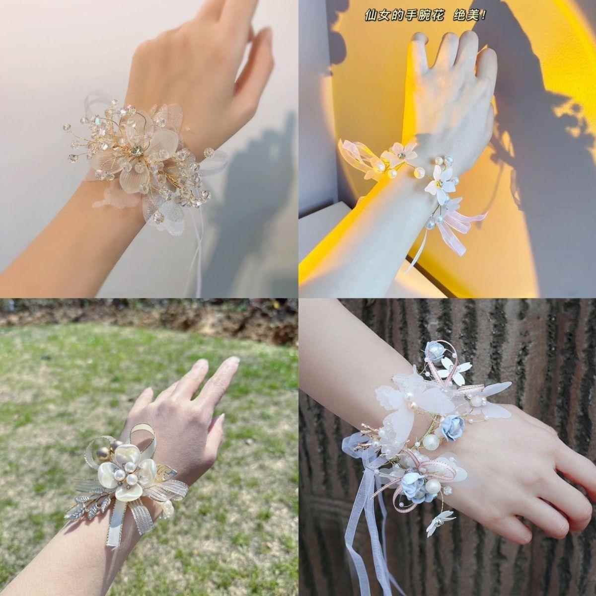 高档仙美新娘手腕花伴娘姐妹团唯美水晶手花婚纱结婚儿童舞蹈手环