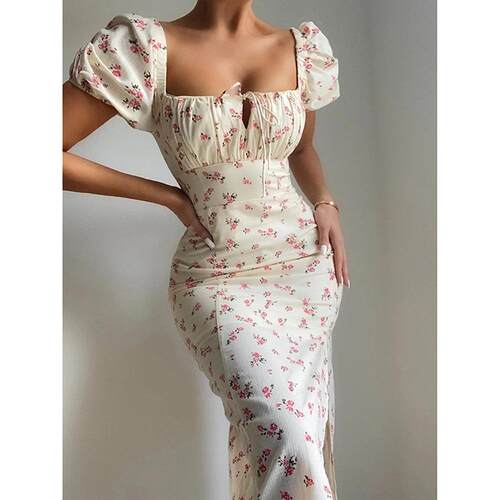 Square collar floral split dress