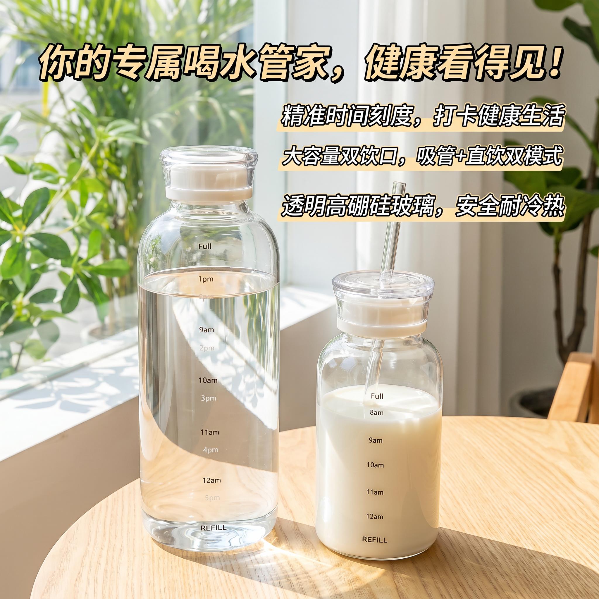 女士高颜值玻璃杯ins外出携带双盖带盖子刻度吸管杯高硼随手咖啡图片