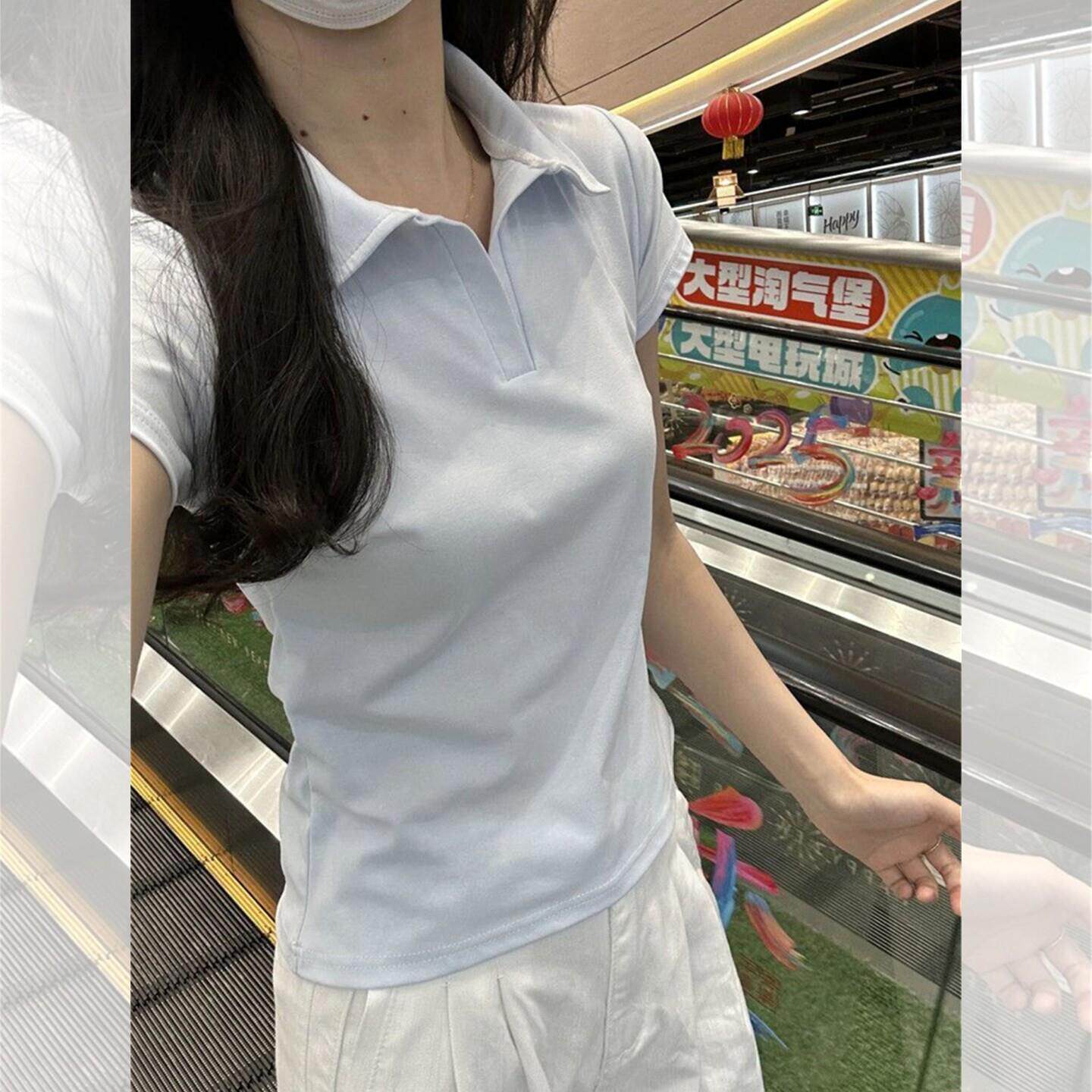 女士正肩收腰短袖polo衫t恤女夏季短袖美式复古修身显瘦翻领设计