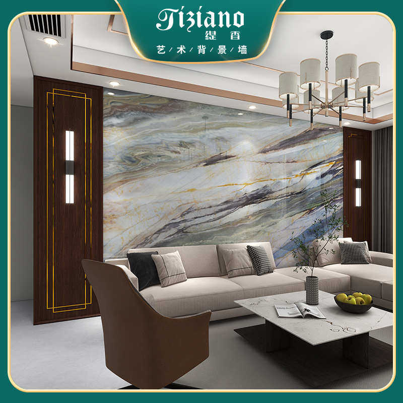 电视背景墙新中式别墅挑空复式现代简约沙发背景墙实木红木边框,家装主材,岩板,淘宝优惠券,粉丝福利购,淘宝优惠卷