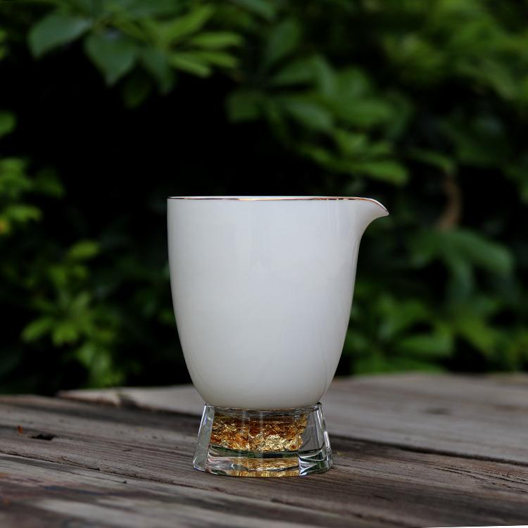 高档羊脂玉金箔水晶珠圆茶海白瓷手抓公道杯玻璃公杯陶瓷分茶器