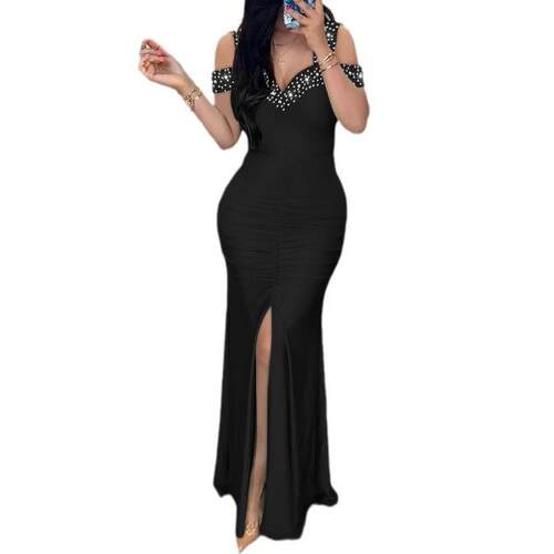 Womens Elegant Rhinestone Off Shoulder Slit Pleated Party