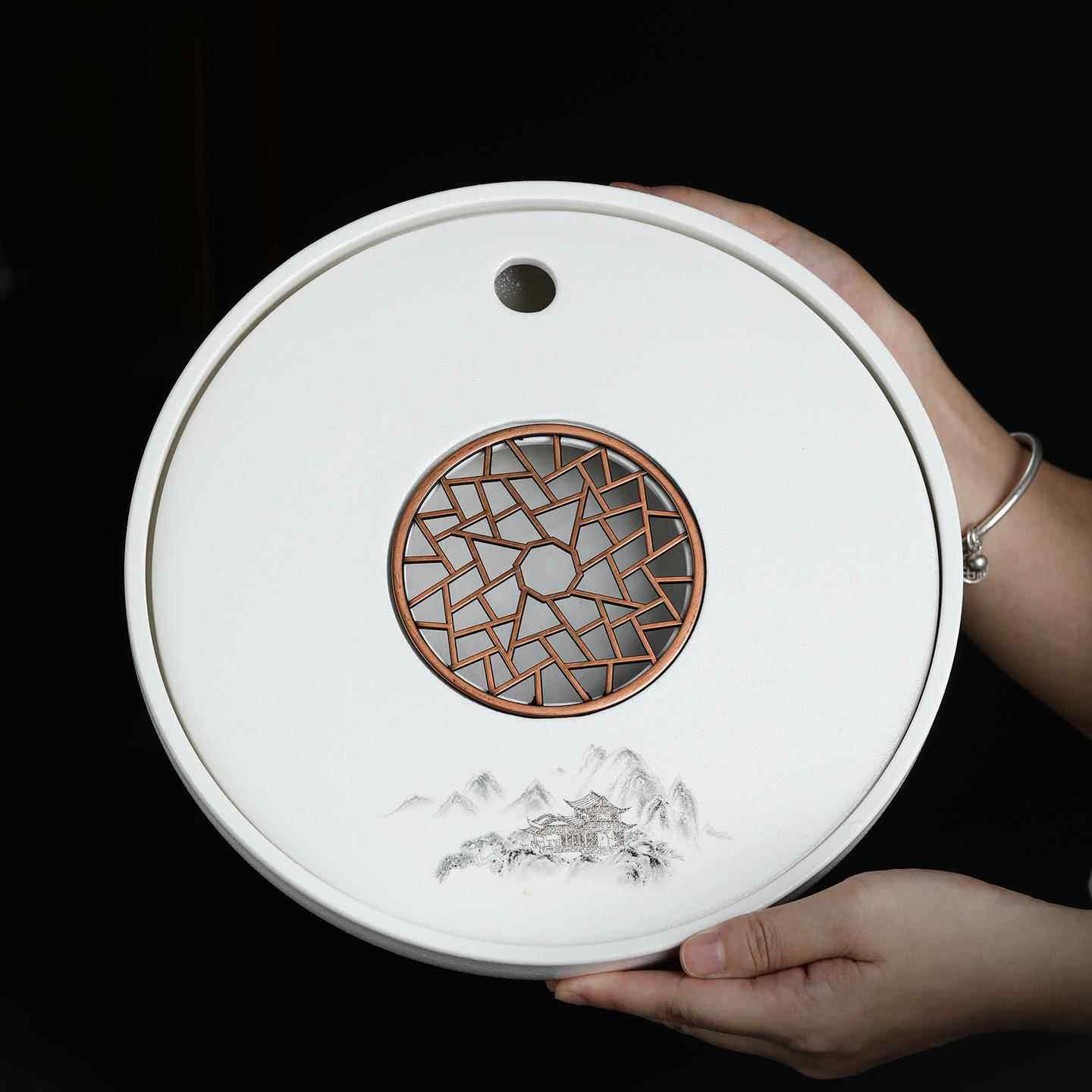 茶盘功夫蓄水茶台中式陶瓷圆形白色黑小型托盘2025新款高端干泡台