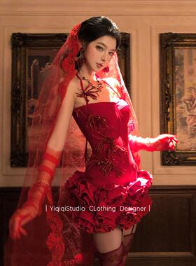 圣诞红色套装女高级感patty生日裙子抹胸鱼骨上衣蓬蓬半裙两件套