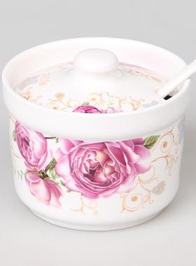 陶瓷调味罐单件套有盖子 欧式调味瓶调料盒铁架 绿色花式配小勺子