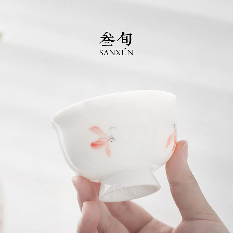 叁旬 手绘白瓷粉兰花瓣主人杯功夫茶杯陶瓷茶具女喝茶品茗杯单杯,餐饮具,茶杯,淘宝优惠券,粉丝福利购,淘宝优惠卷