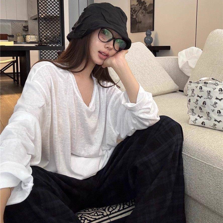 慵懒风透视防晒罩衫女夏季港味休闲白色T恤长袖宽松气质薄纱0803z