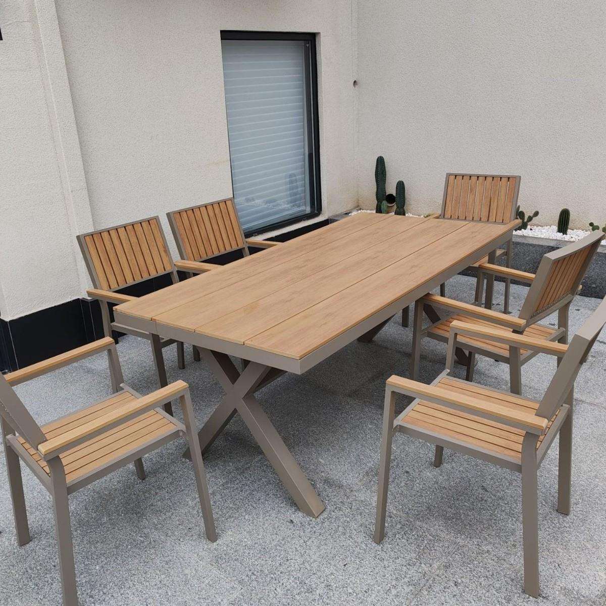 户外桌椅庭院组合室外休闲金属塑木长桌露天防水防晒别墅花园餐桌