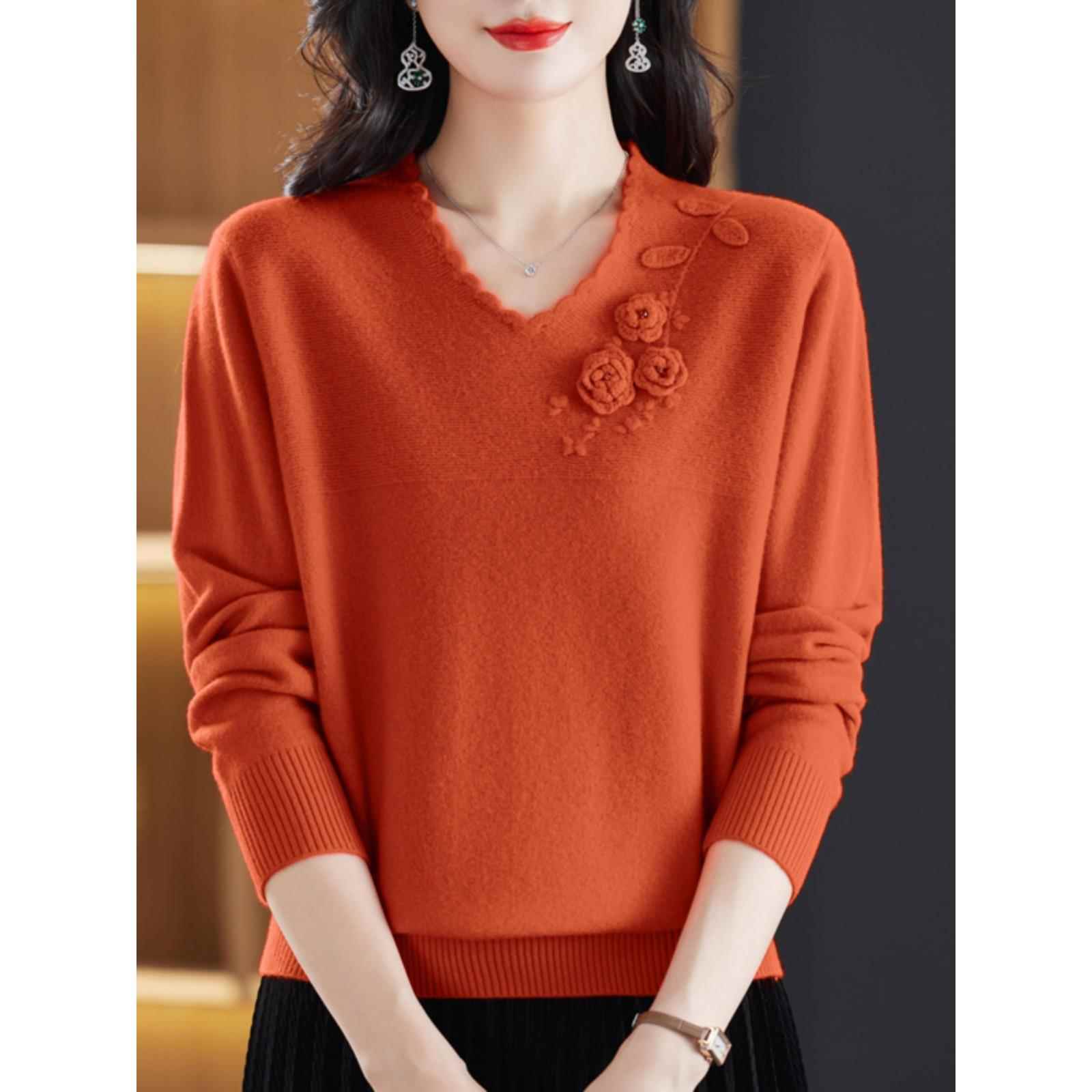 秋冬100%纯羊绒衫上衣高端洋气中老年妈妈加肥加大码女装绣花毛衣
