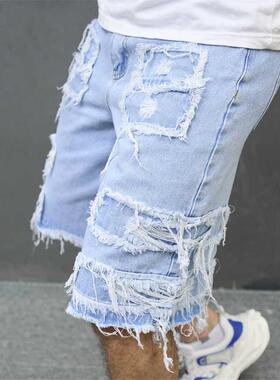 Men's Light Blue Heavy Distressed Ripped Non-Stretch Denim S