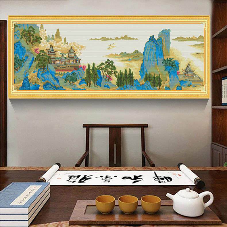名画苓岩绮阁十字绣2022年新款线绣客厅名画风景高端大气手工刺绣