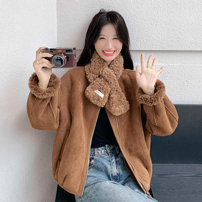 深咖色羊羔毛外套女新款美拉德复风D11-C99系巾仿皮古毛冬一体加