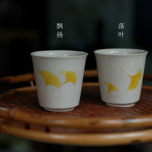 喜悦茶铺/景德镇草木灰定白釉手绘品茗杯陶瓷闻香杯主人杯单茶杯