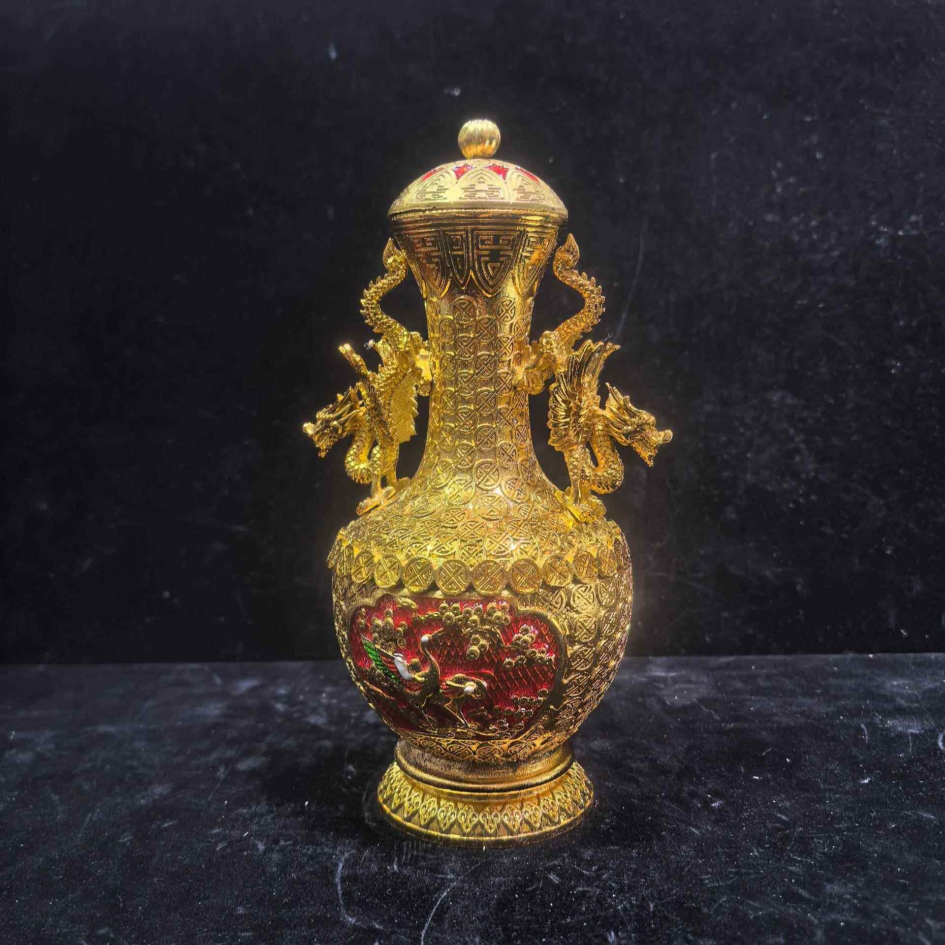 仿古做旧纯铜鎏金双龙耳玄关摆件树脂金色花瓶摆设工艺品