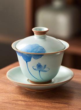 玩物尚置汝窑三才盖碗茶杯单个大号防烫高档手绘茶具陶瓷敬泡茶碗
