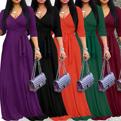 Women's Posy Style Plain Long Dress, V Neck 3/4 Sleeve,