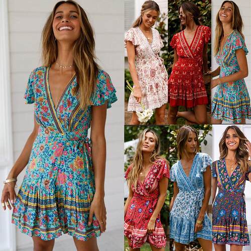 Printed dresses, short skirts, women's clothing