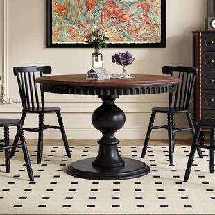 中古风法式覆古全纯实木圆餐桌椅组合美式家用小户型圆形餐桌家俱